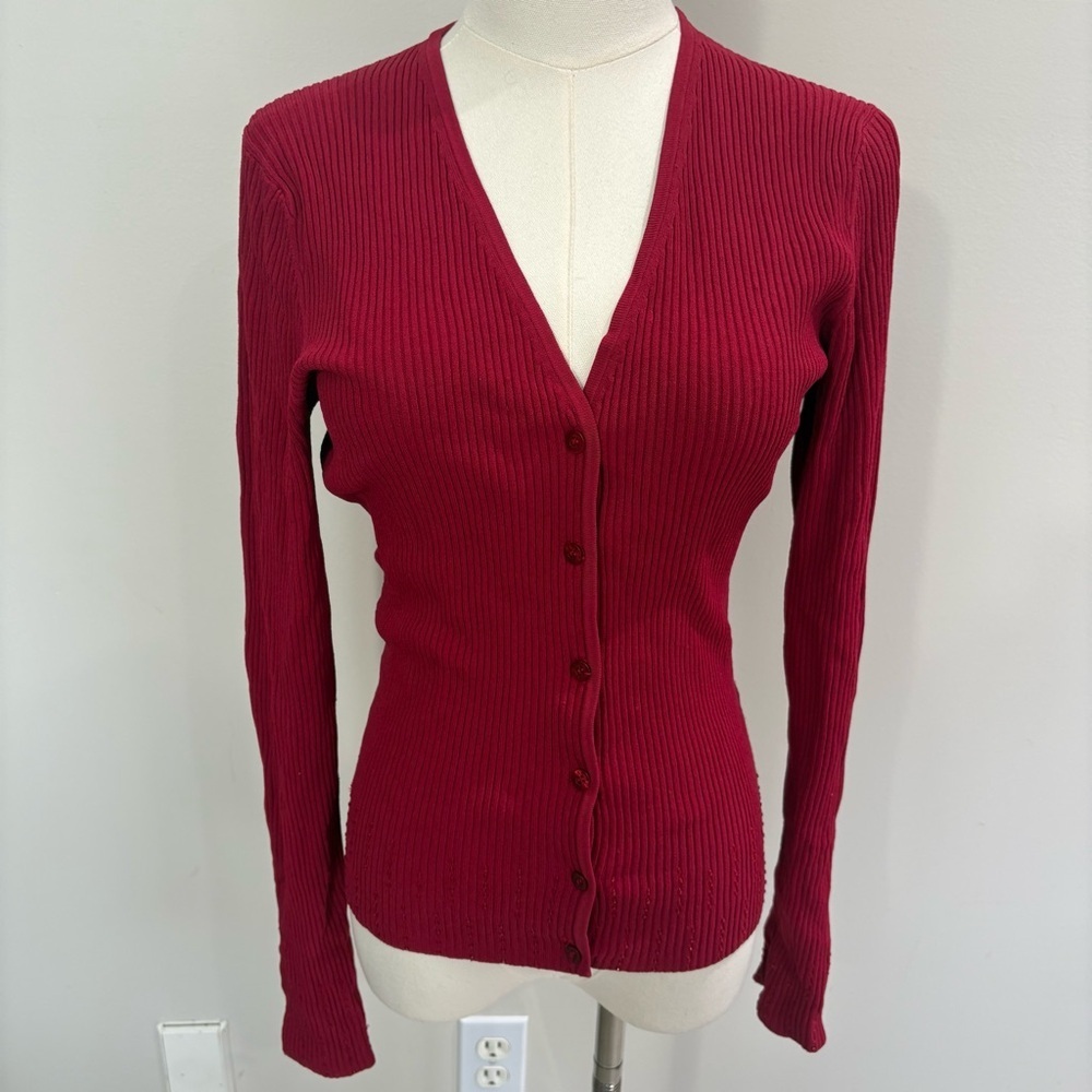 Vtg Max‎ Studio Red Beaded Button Front Cardigan Sz S 90s Y2K Classic Holiday